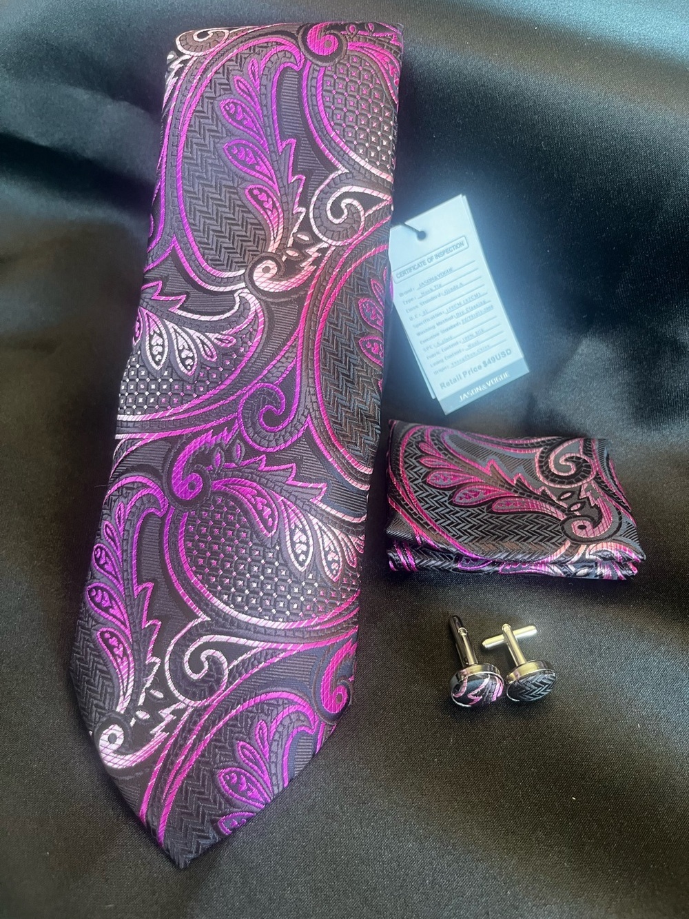 Men's Purple Paisley Tie Set with Matching Pocket Square and Cufflinks